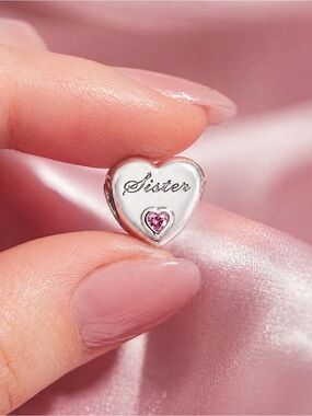 Pandora Heart Sister Charm with Pink Stone Sterling Silver